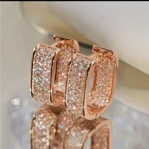 New Rose Gold Cluster Pave Simulated Diamond Oblong Mod Huggie Hoop Earrings